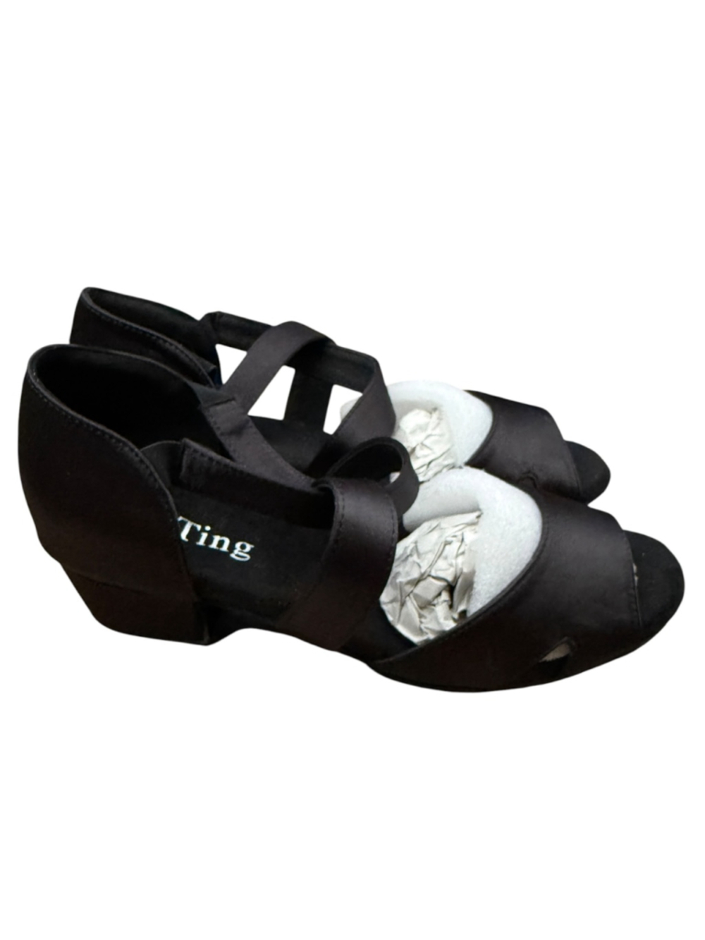 YYTing Black Satin Ballroom Latin Dance Shoes Women's 8.5 Low Block Heel - Picture 4 of 8